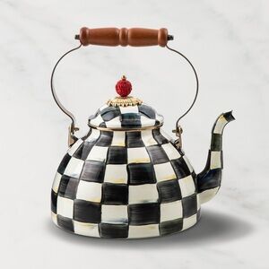 MacKenzie-Childs Courtly Check Teapot with Gold and Red Accents 3 Quart